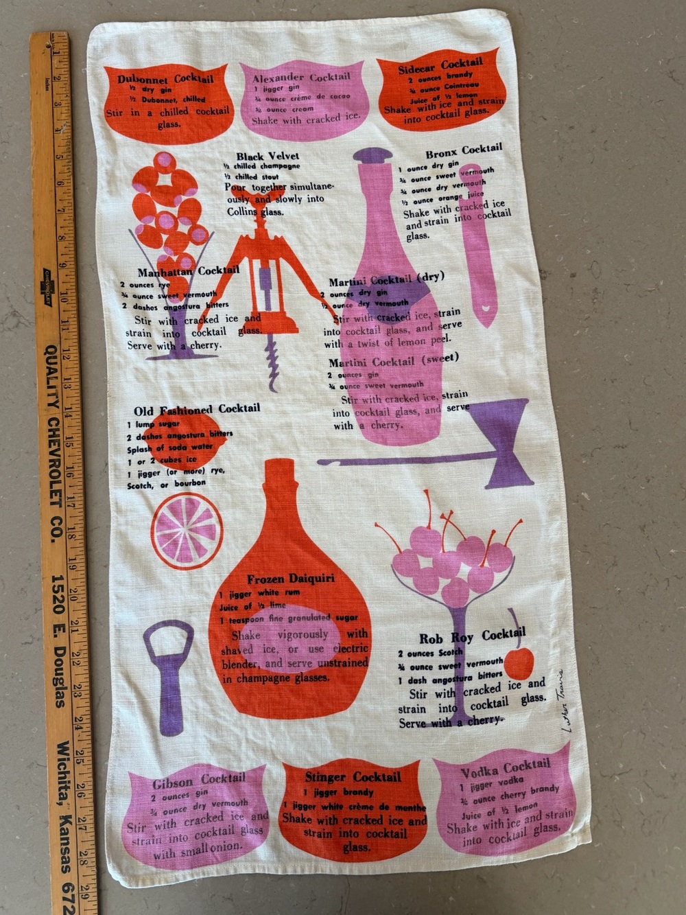 Vintage Luther Travis Cocktail Recipe Kitchen Tea Towel MCM - Pink Orange Purple